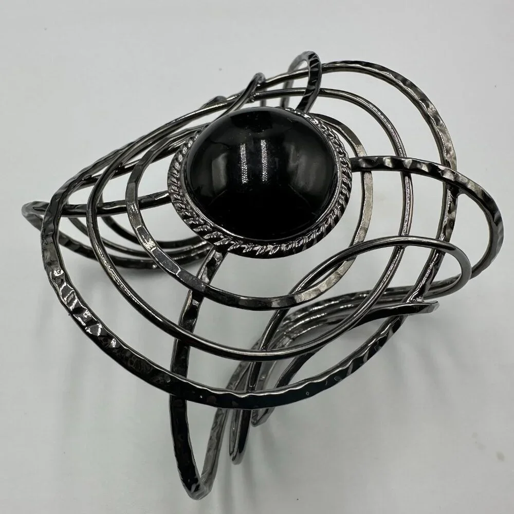 3/$30 Black Acrylic Cabochon Cuff Bracelet Hammered Wire Sculptural Statement